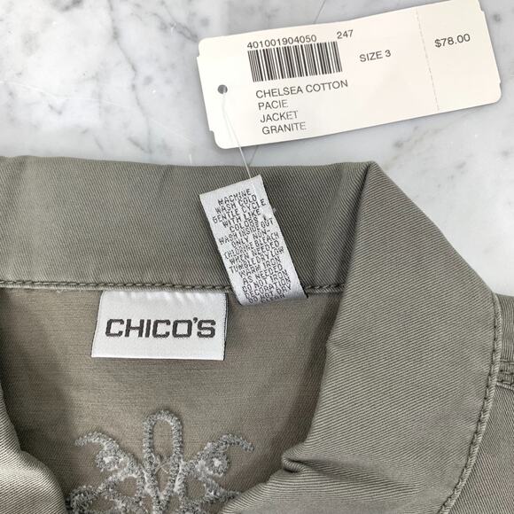 CHICO'S Chelsea Cotton Pacie Jacket 3 US 16/XL Grey Button Up Embroidered NWT - Picture 6 of 8